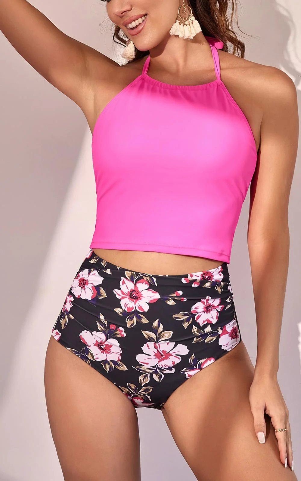 Two Piece Tummy Control Halter Tankini Swimsuit 