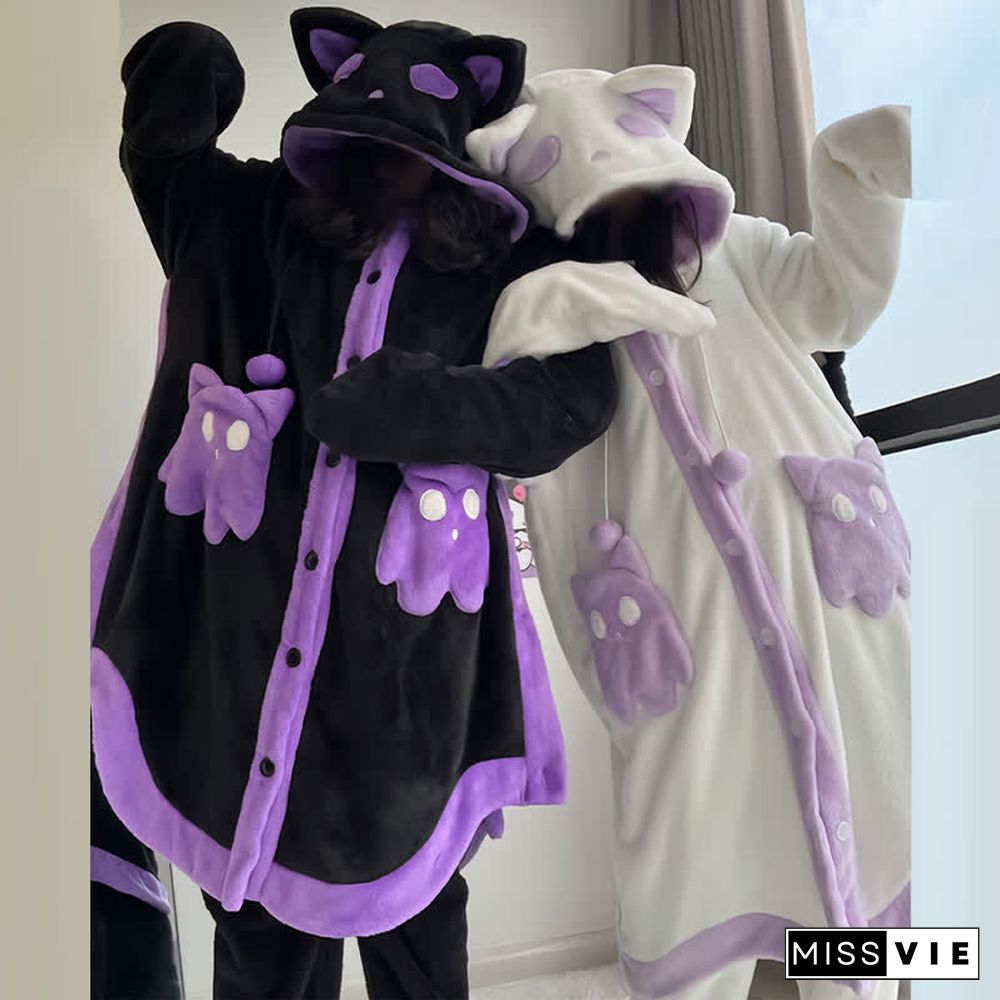 Cartoon Ghost Cat Plush Hooded Pajamas Set