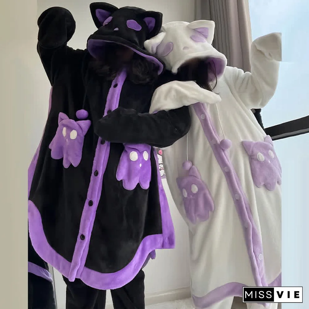 Cartoon Ghost Cat Plush Hooded Pajamas Set