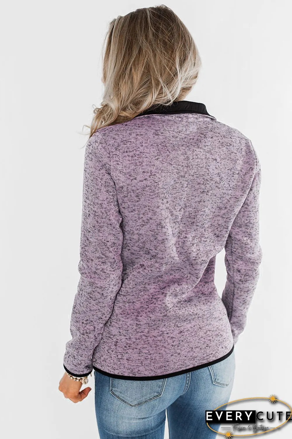 Purple Heathered Turn-down Collar Pullover Sweatshirt
