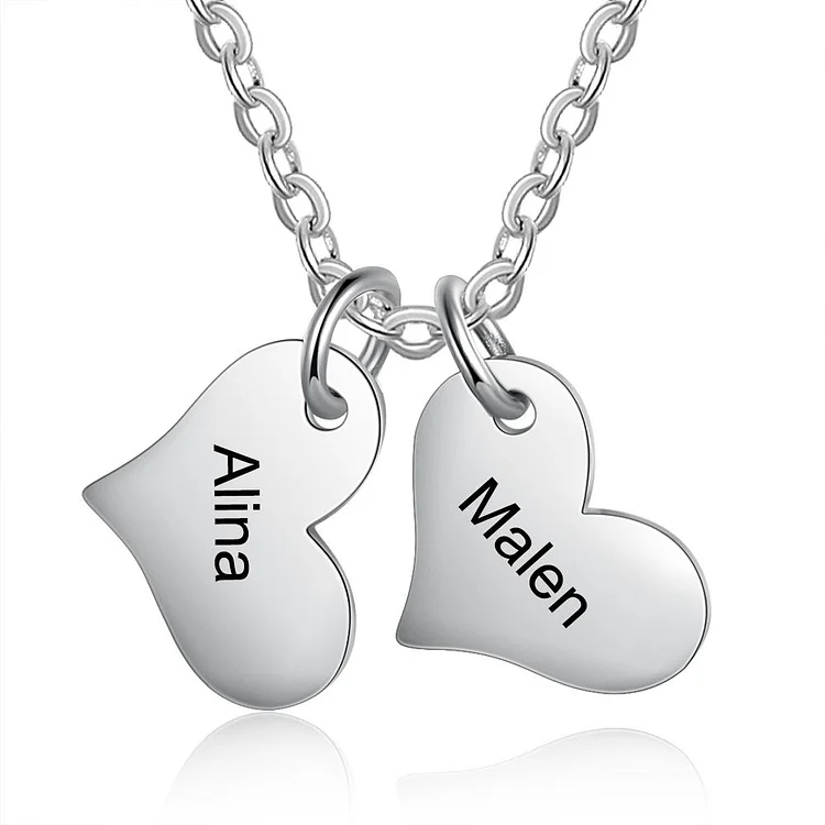 Heart Necklace Engraved 2 Names Personalized with 2 Heart Charms