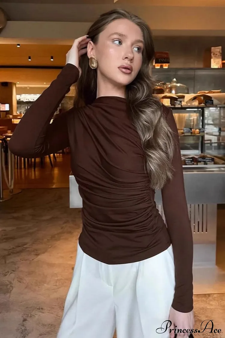 Retro Brown Slim Crew Neck Waist Cinched Long Sleeve Tee