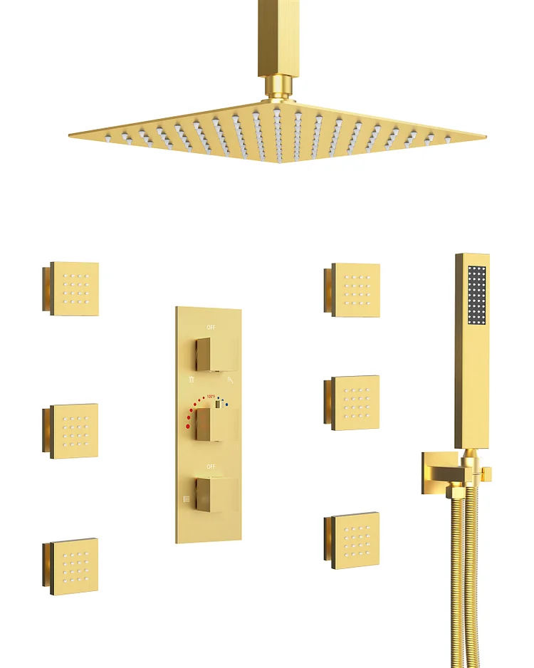 SFS1004-GD12 EVERSTEIN Shower System Set Shower Faucet: Rainfall Brushed Gold Shower Fixtures Combo with Rain Shower Head and Handheld Spray Bathroom Complete Shower Trim Kit with Thermostatic Valve and Massage Body Jets
