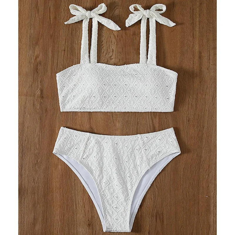 White Color Bikinis Bandeau Swimwear Women Swimsuit Sexy Ruffles Bikini Set Thong Beachwear Summer Bath Suit Hollow Out Biquini