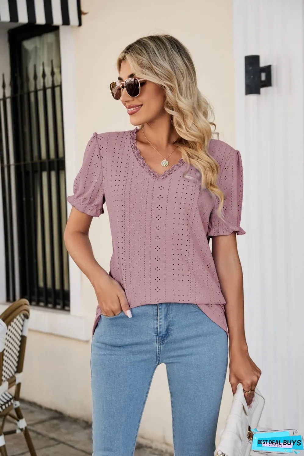 Eyelet Flounce Sleeve Scalloped V-Neck Top