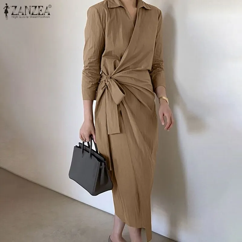 ZANZEA Elegant Women Lapel Neck 3/4 Sleeve Solid Mid-calf Dress Fashion Spring Lace Up Work Party Vestidos  OL Sundress