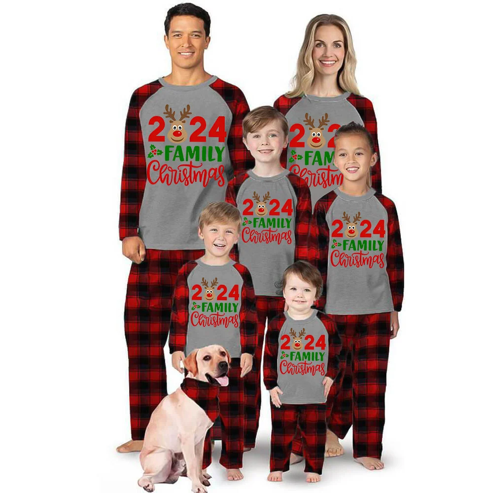 "2024 Family Christmas" Moose Letter Prints Black & Red Plaid Family Matching Grey Pajamas With Dog bandana