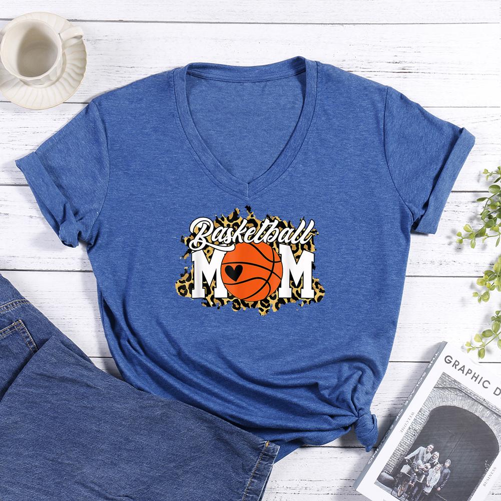 Basketball Mom Leopard V-neck T Shirt-Guru-buzz