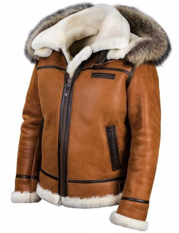 Brown Waxed Mens Aviator Hooded Shearling Leather Jacket