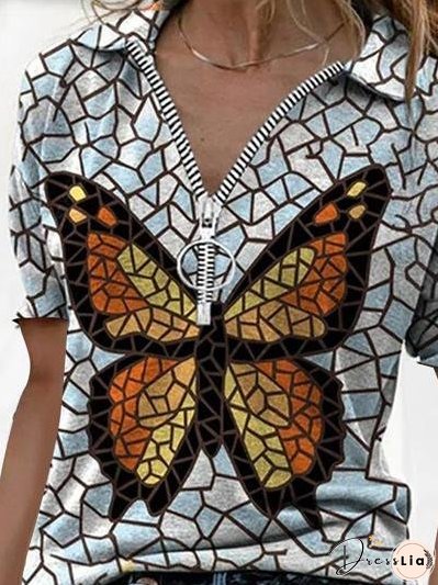 V-Neck Printed Zipper Short Sleeve T-Shirt for Women