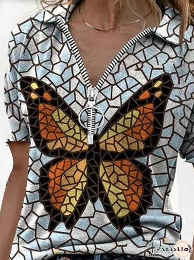 V-Neck Printed Zipper Short Sleeve T-Shirt for Women