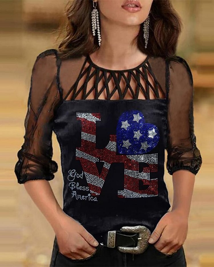 Independence Day Print Long Sleeve Mesh Contrast T-shirt P12383