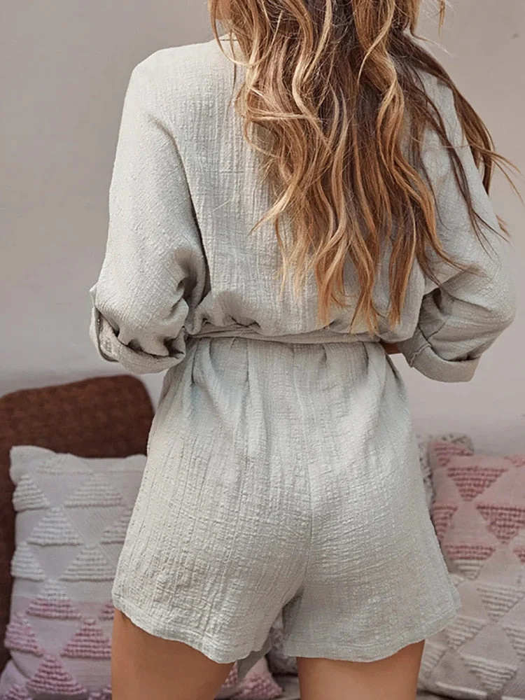 Women Summer Sexy Button V Neck Playsuits 2022 Cotton Linen Loose Solid Party Rompers Femme Long Sleeve Office Overalls Jumpsuit