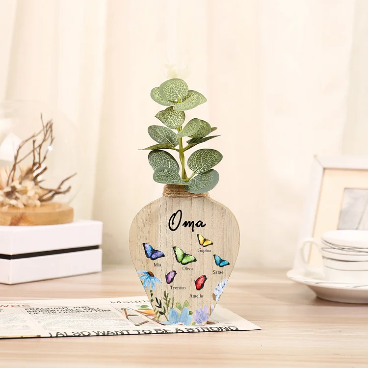 Kettenmachen Holz Personalisierter 6 Namen & Text Bunt Schmetterling & Blumen Familie Vase