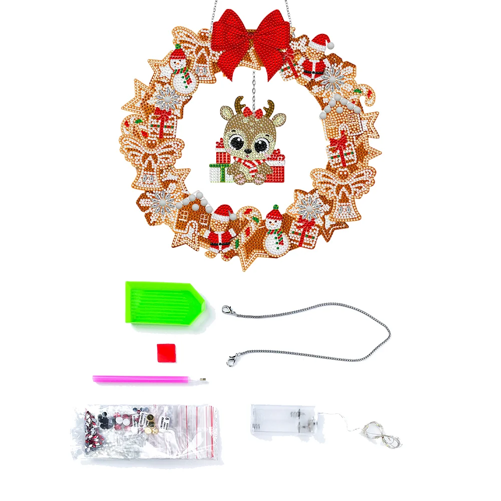 DIY Xmas Elk Acrylic Single Side Special Shaped Diamond Painting Wreath Ornament with LED Light