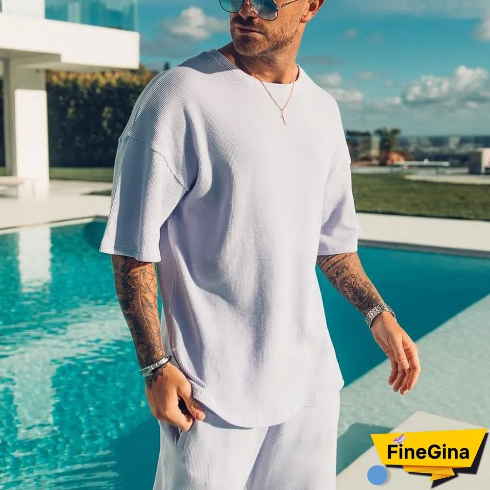 Men's Casual White Loose Short Sleeve T-Shirt Shorts Sports Suit
