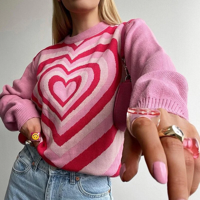 Retro Heart Print Y2K Sweaters Loose Harajuku Cute Grunge Pullovers Clothes Chic Sweet Autumn Streetwear Knitwear Cuteandpsycho