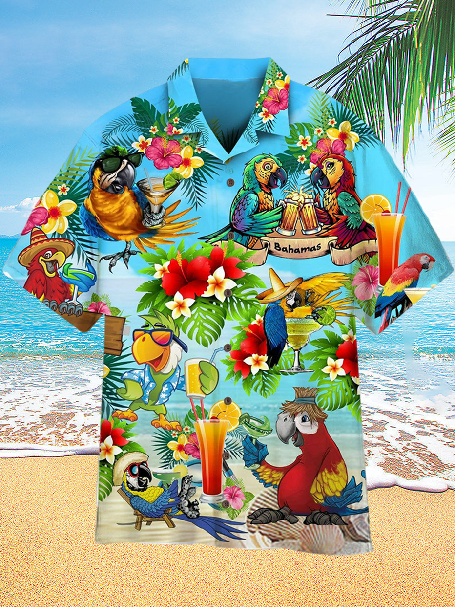 Men's Hawaiian Floral and Parrot Print Resort Short Sleeve Shirt PLUSCLOTHESMAN