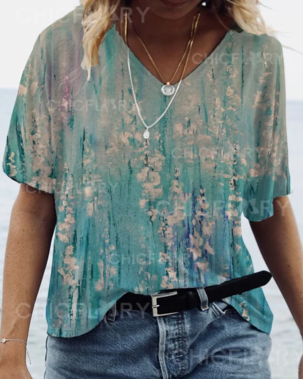 Casual V-Neck Floral Short Sleeve Top