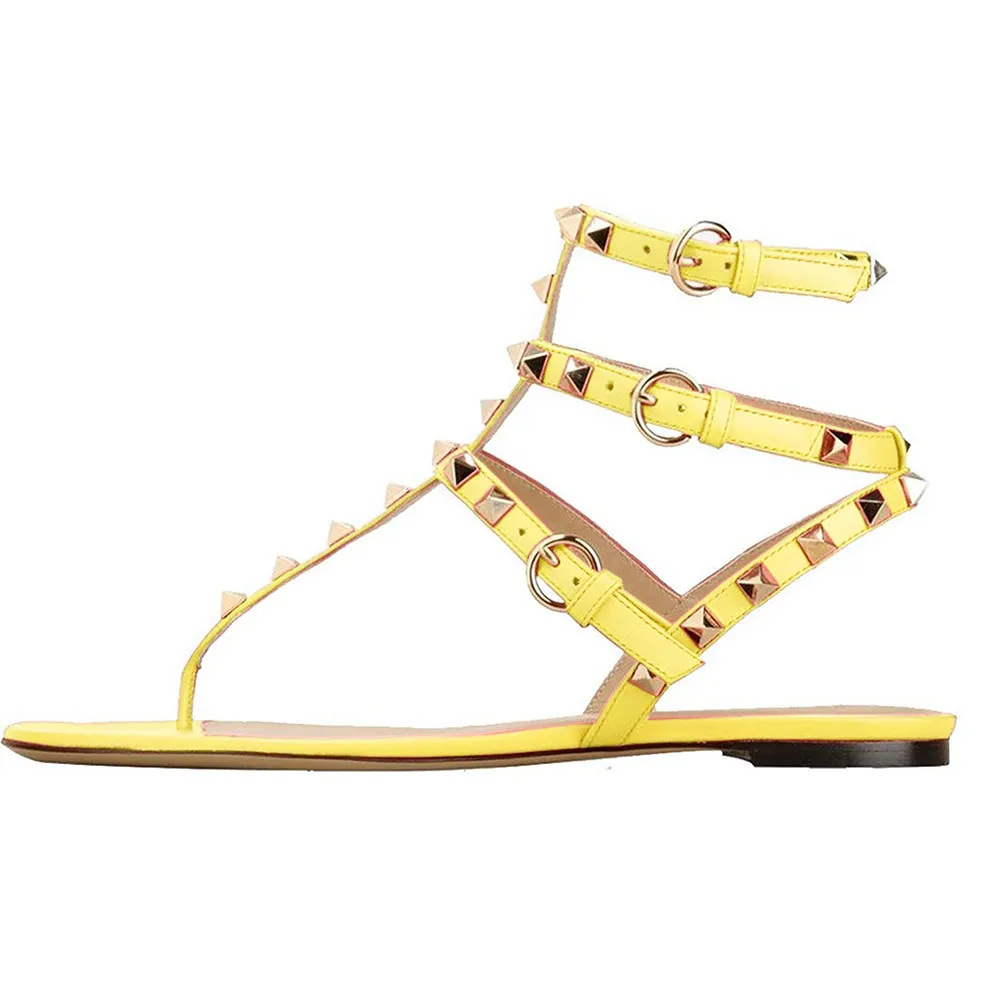 Women's Studded  T-Strap Strappy  Thong  Flats Sandals-vocosishoes