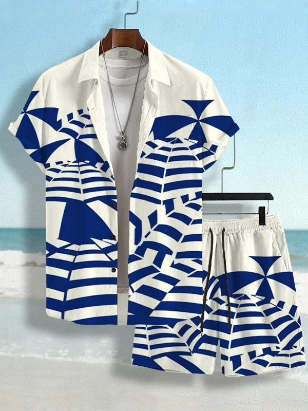 Men's Beach Umbrella Color Block Art Print Short Sleeve Shirt Set