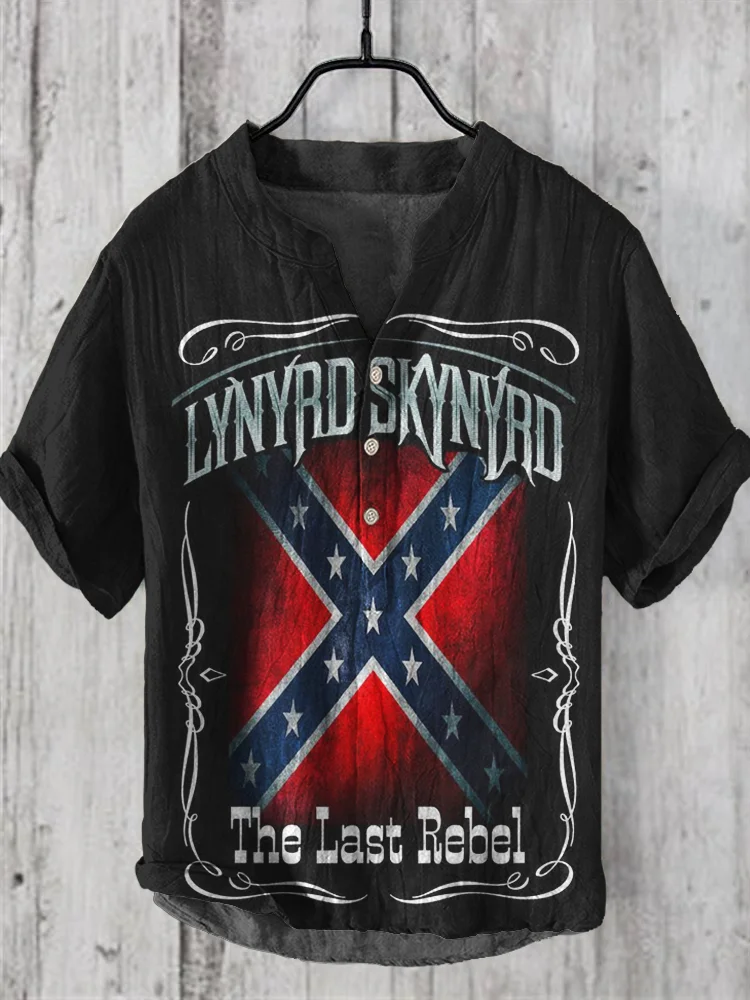 The Last Rebel Print Men's Linen Vintage V-Neck Shirt