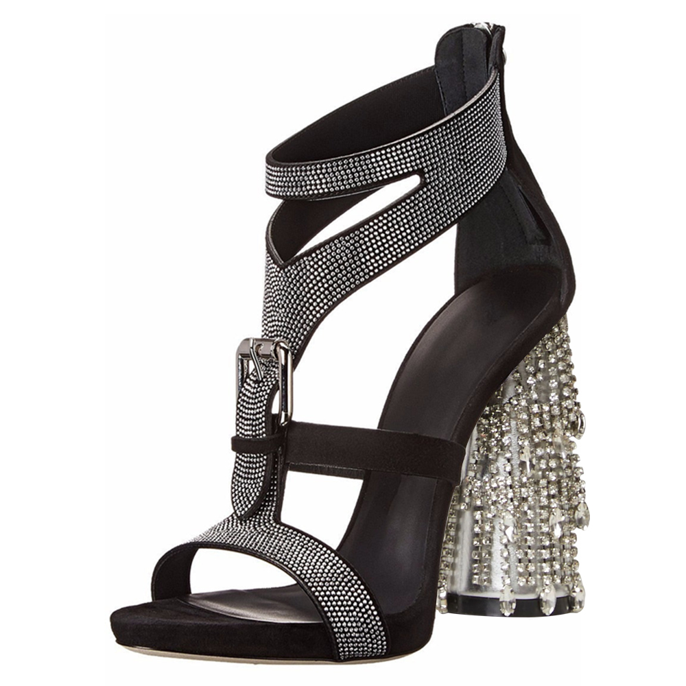 Black Open Toe 4'' Decorative Heel T-Strap Sandals with Buckle Nicepairs