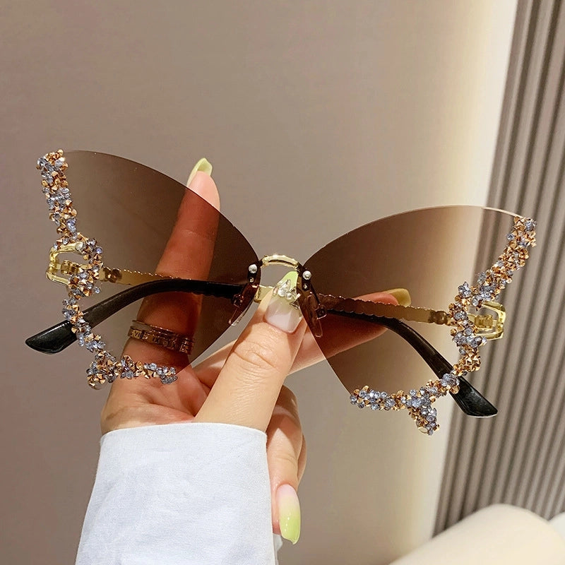 Elegant Modern Style Butterfly Pc Butterfly Frame Diamond Frameless Women’s Sunglasses
