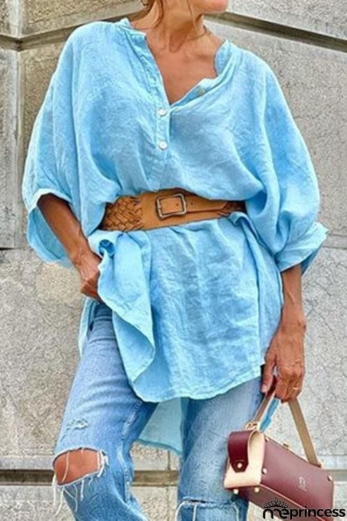 Cotton V Neck Casual Blouses