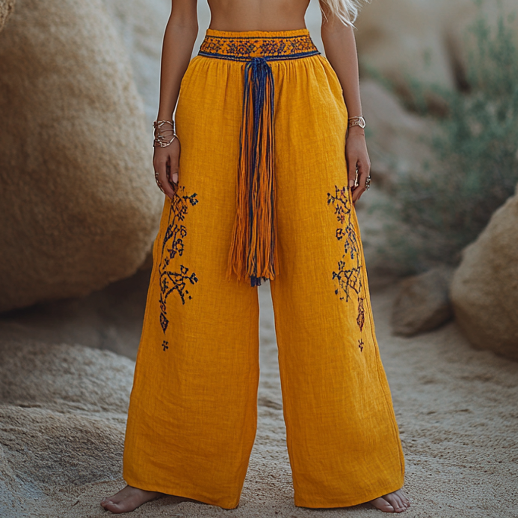 Bohemian Linen Print Ethnic Holiday Casual Pants