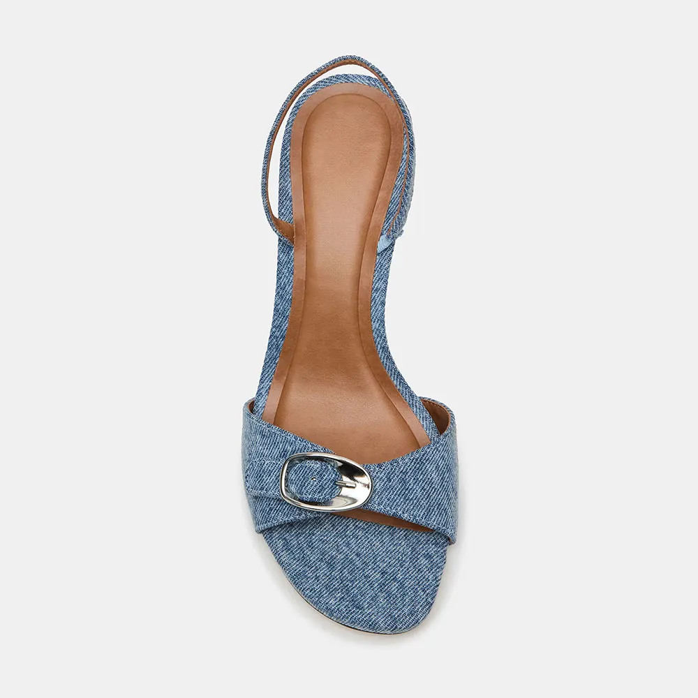 Blue Denim Open Toe Buckle Stiletto Heel Slingback Summer Sandals