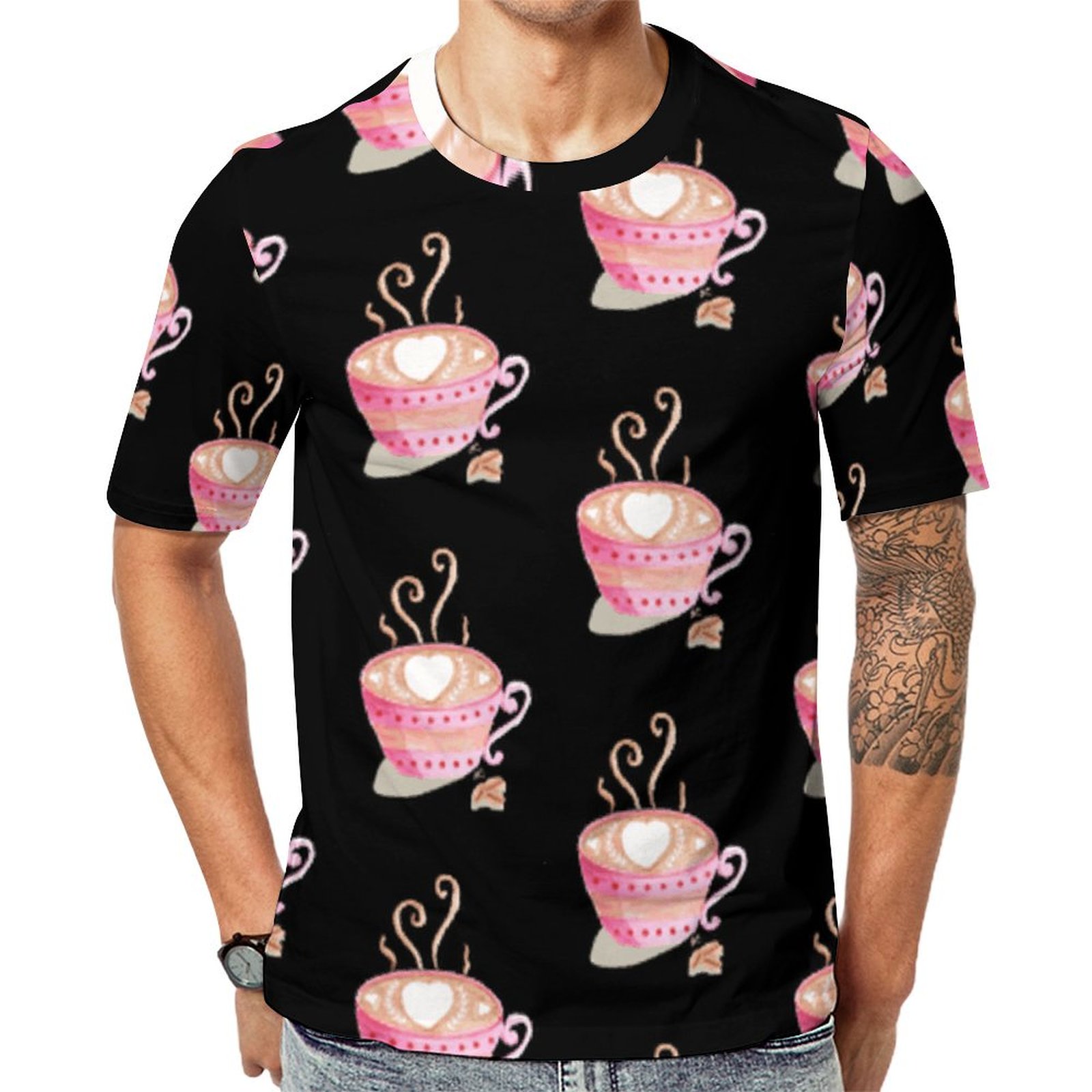 Pink Elegant Coffee Cup Short Sleeve Print Unisex Tshirt Summer Casual Tees for Men and Women Coolcoshirts