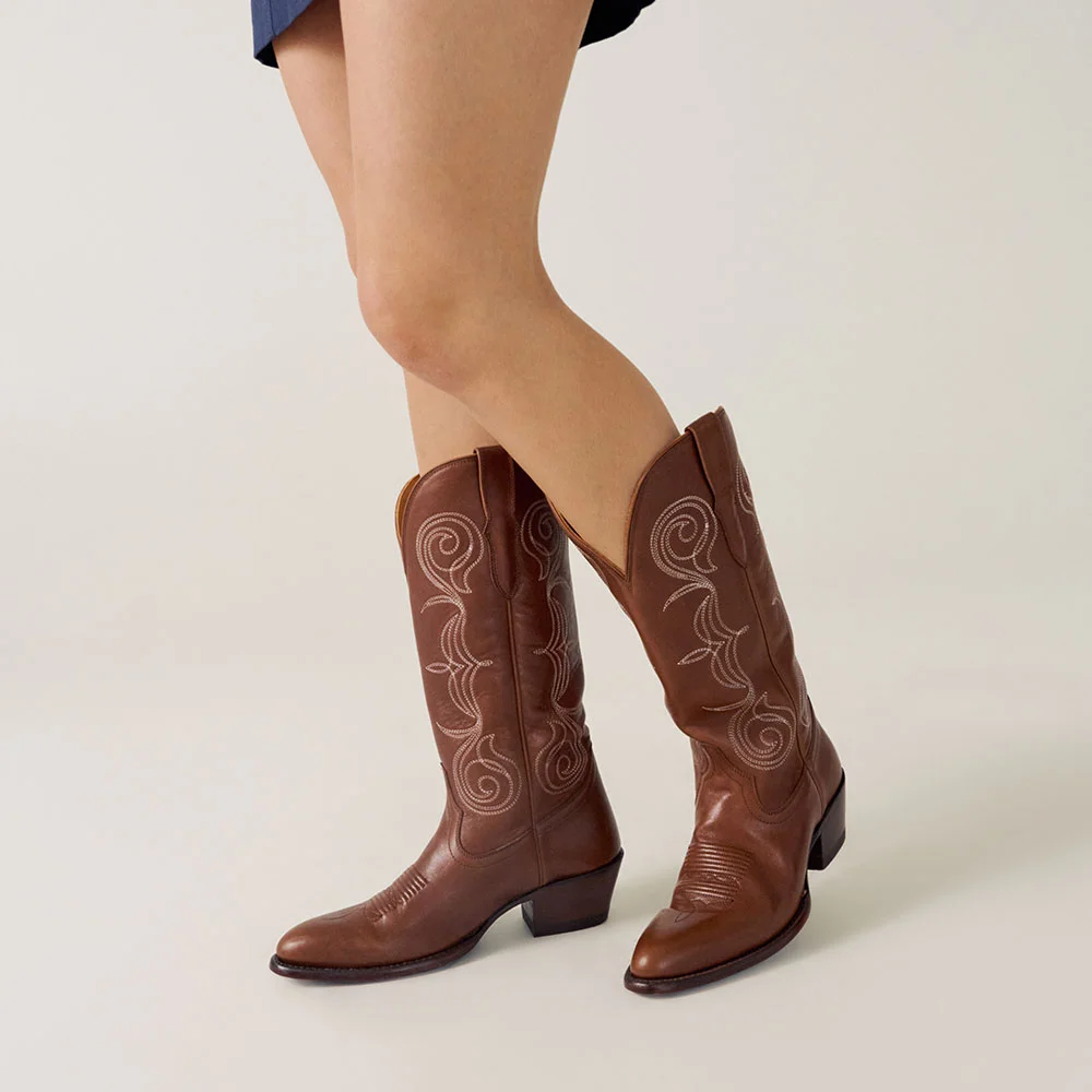 Brown Closed Toe Mid Heel Embroidered Slip On Western Boots for Women