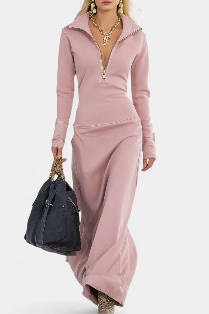 Fitted Zip-Front Dress with High Neck and Wide Leg