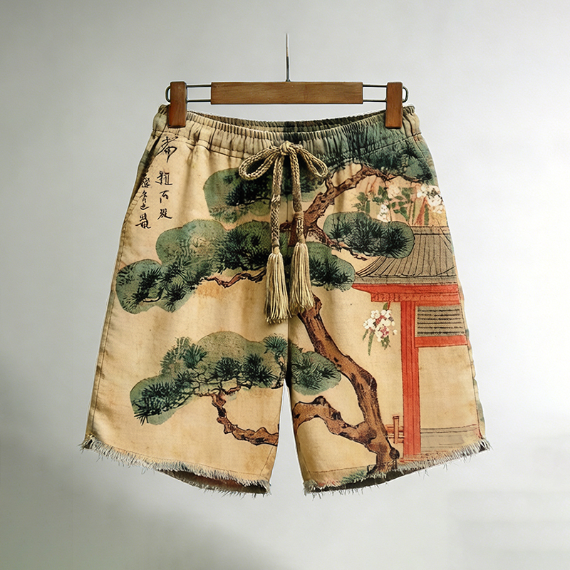 Men's Vintage Japanese Pine Print Linen Blend Shorts elevenforest