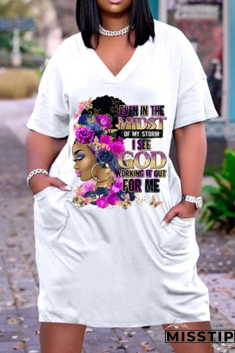 White Rose Red Casual Print Patchwork V Neck Straight Dresses