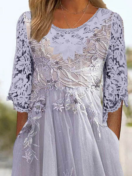 Women's 3/4 Sleeve Scoop Neck Floral Printed Lace Stitching Midi Dress