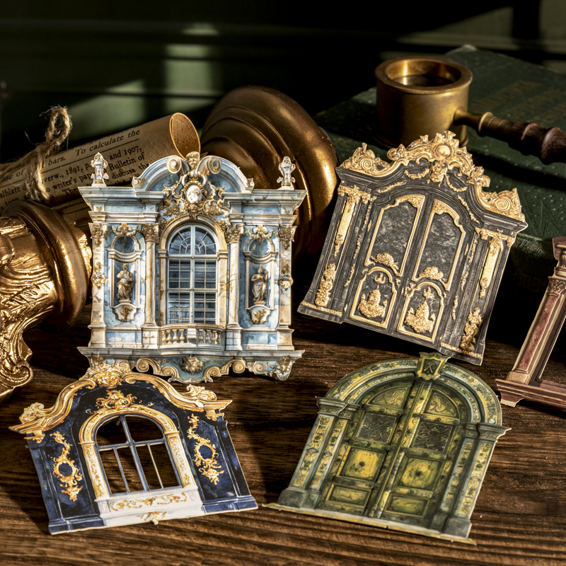 스티커 - 오래된 문과 창문 시리즈 빈티지 릴리프 풍경