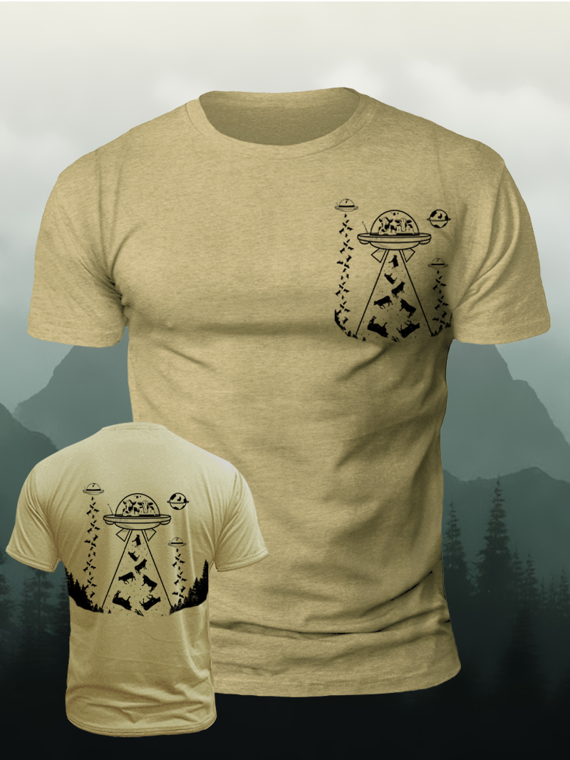 Men's Spaceship Cow Fall Print Casual Short Sleeve T-shirt