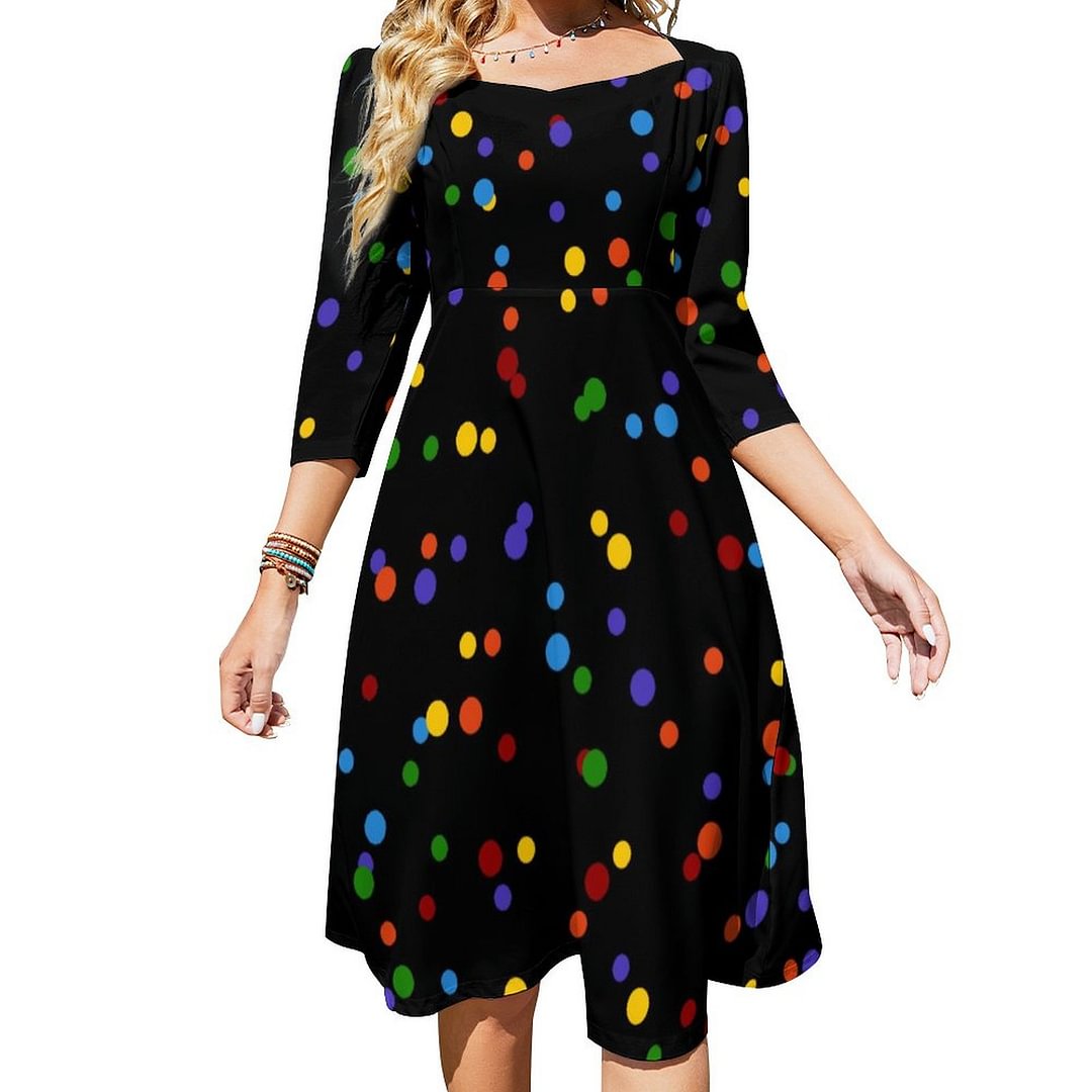 Rainbow Dots Multi Color Polka Dot Yellow Confetti Dress Sweetheart Tie Back Flared 3/4 Sleeve Midi Dresses