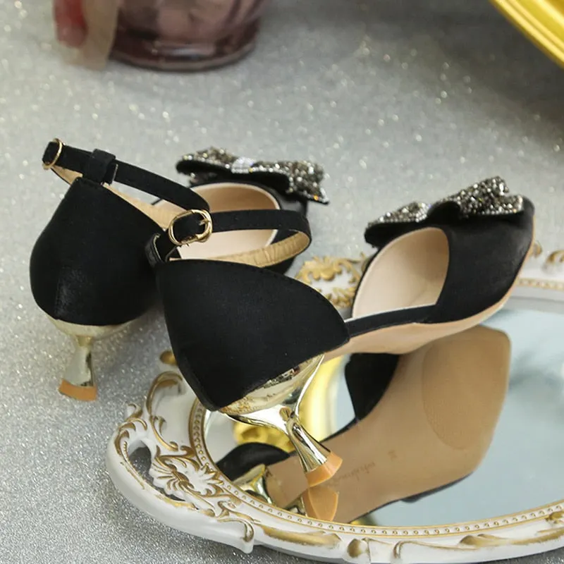 Crystal Bowknot Pumps For Women Ankle Strap Thin High Heels Shoes Woman Spring 2022 Sexy Pointed Toe Slik Wedding Shoes