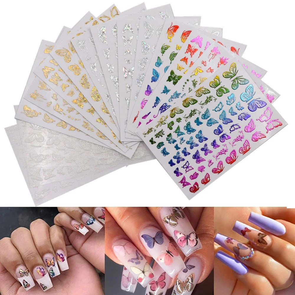 16 Sheets/Pack Mixed Design 3D Butterfly Nail Art Stickers Laser Holographic DIY Nail Decoration Self Adhesive Manicure Decals-Nail Inspo