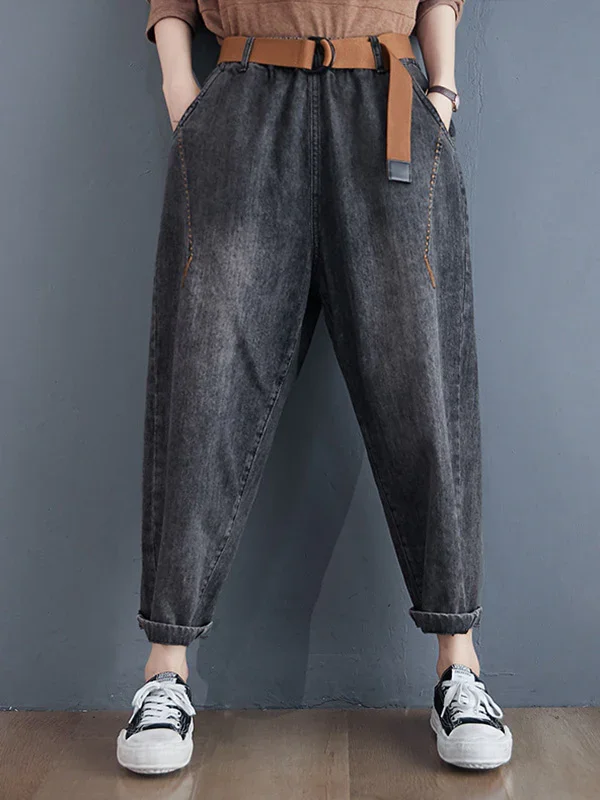 Artistic Retro Loose Velvet Elasticity Belted Jean Pants