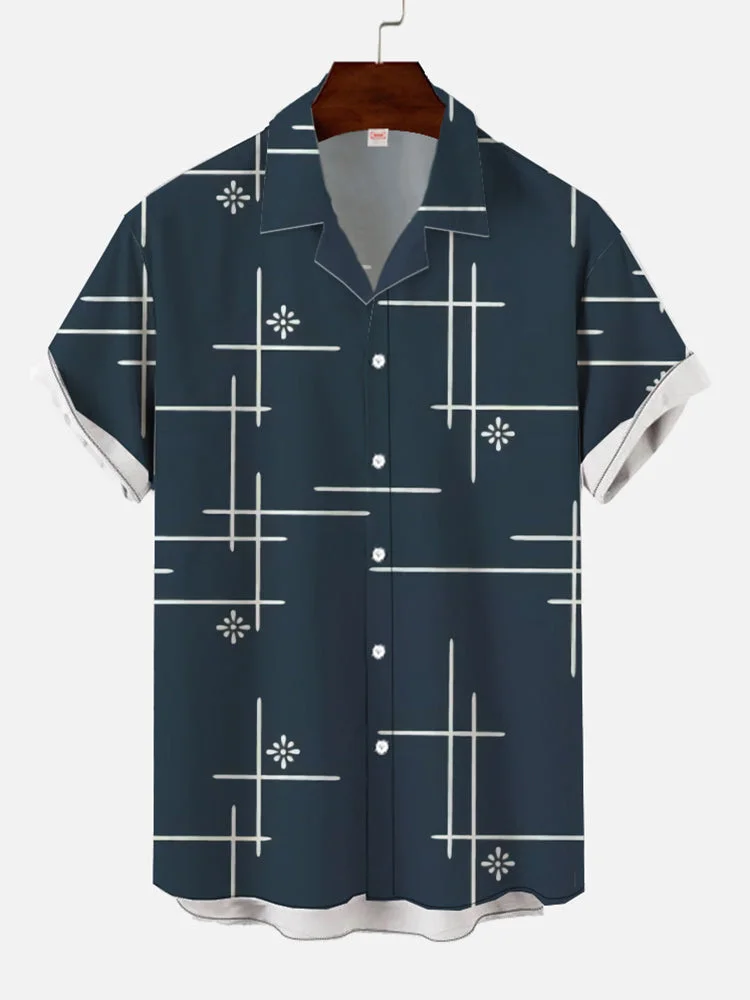 Fashion And Leisure Navy Abstract Linear Pattern Printing Cuban Collar Men's Short Sleeve Shirt