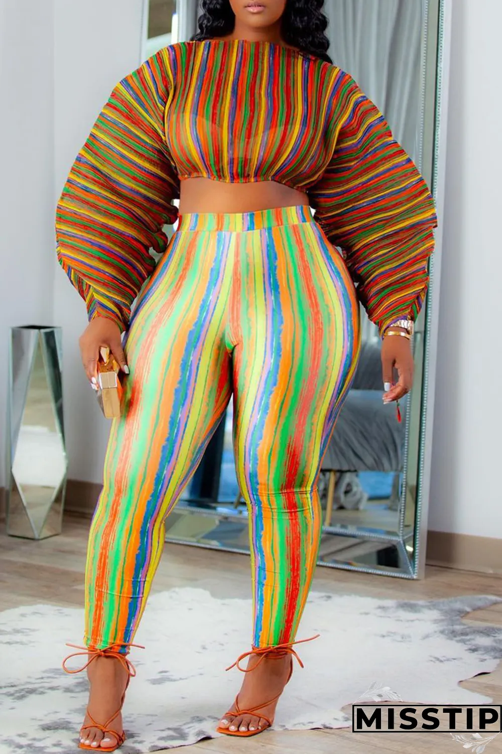 Lake Blue Sexy Striped Patchwork Half A Turtleneck Long Sleeve Two Pieces
