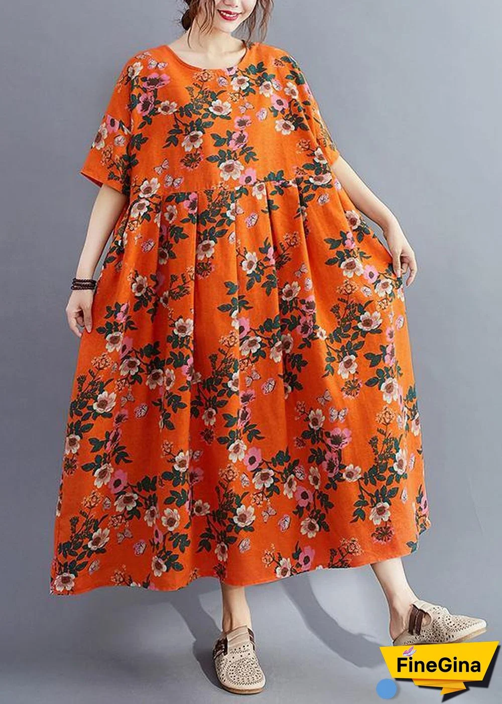 Organic o neck Cinched summer quilting clothes Catwalk orange floral Traveling Dress