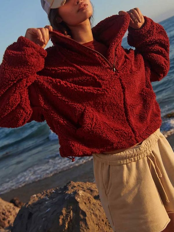Plush fluffy high neckline hiking travel sweatshirt for women