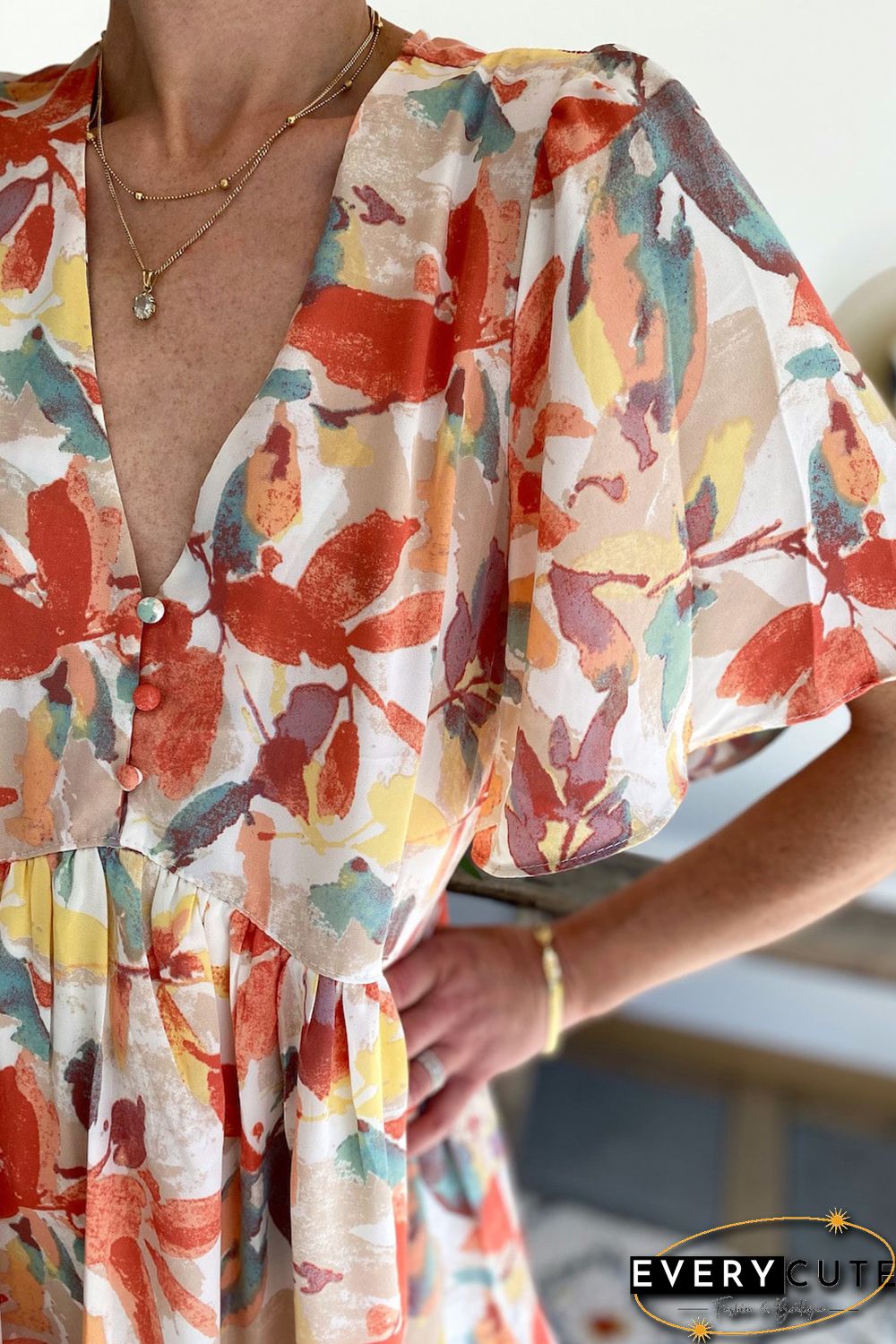 Multicolor Summer Floral Button V Neck Ruffle Flowy Dress