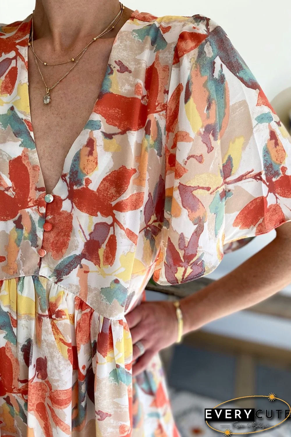 Multicolor Summer Floral Button V Neck Ruffle Flowy Dress