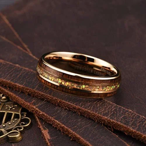 6MM 8MM Men's Tungsten Carbide Wedding Matching Rings Rose Gold Tone Wood and Rainbow Opal Inlay "I Love you" Text